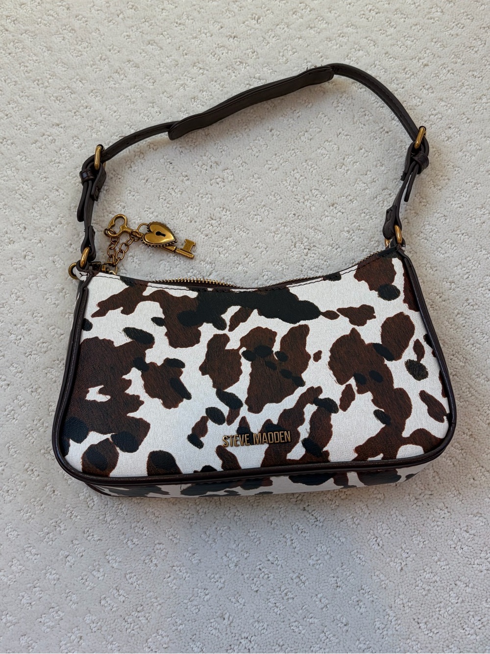 Steve Madden Brown & White Cow-Print Shoulder Bag with Gold Accents